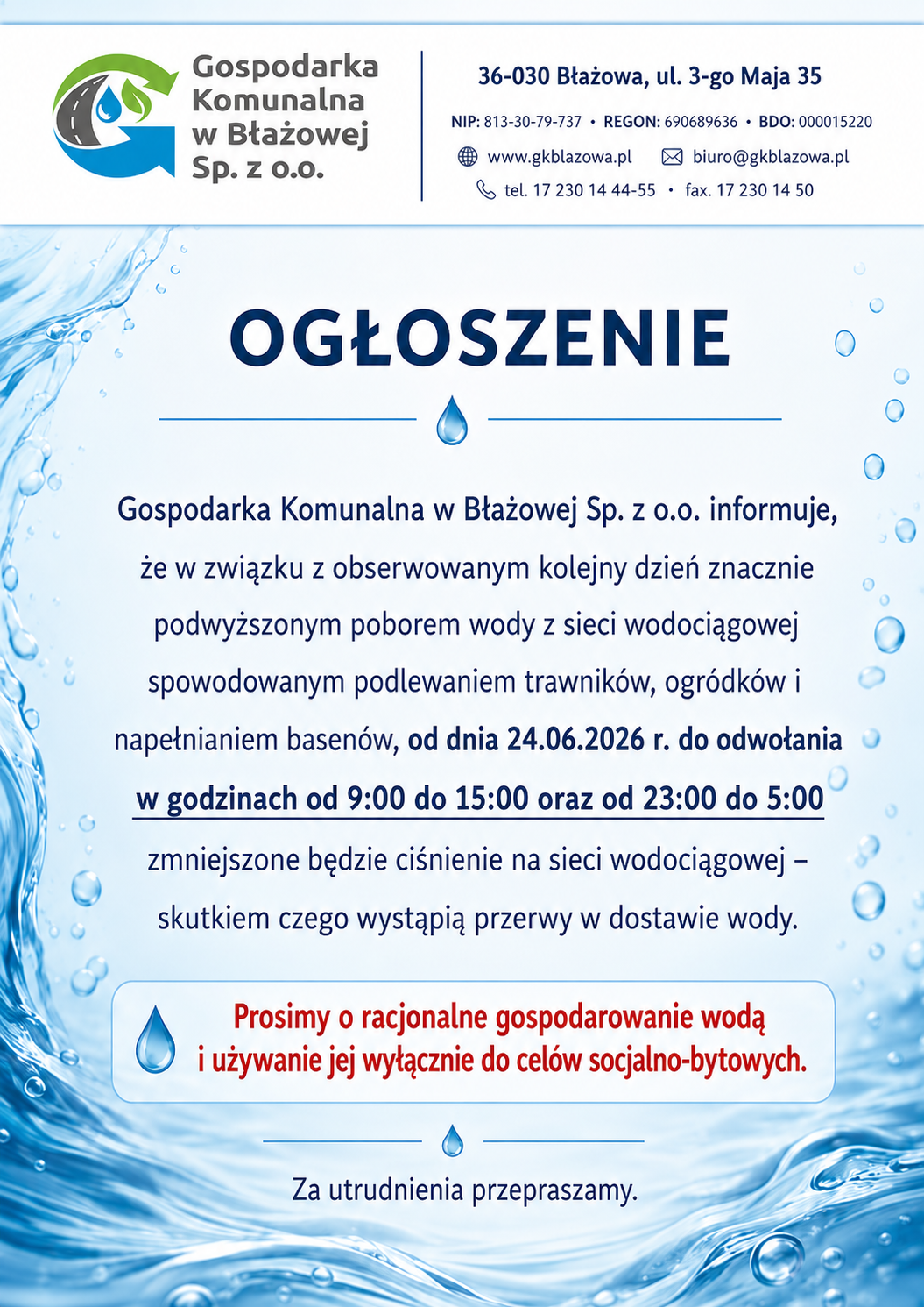 Gospodarka Komunalna w&nbsp;Błazowej informuje