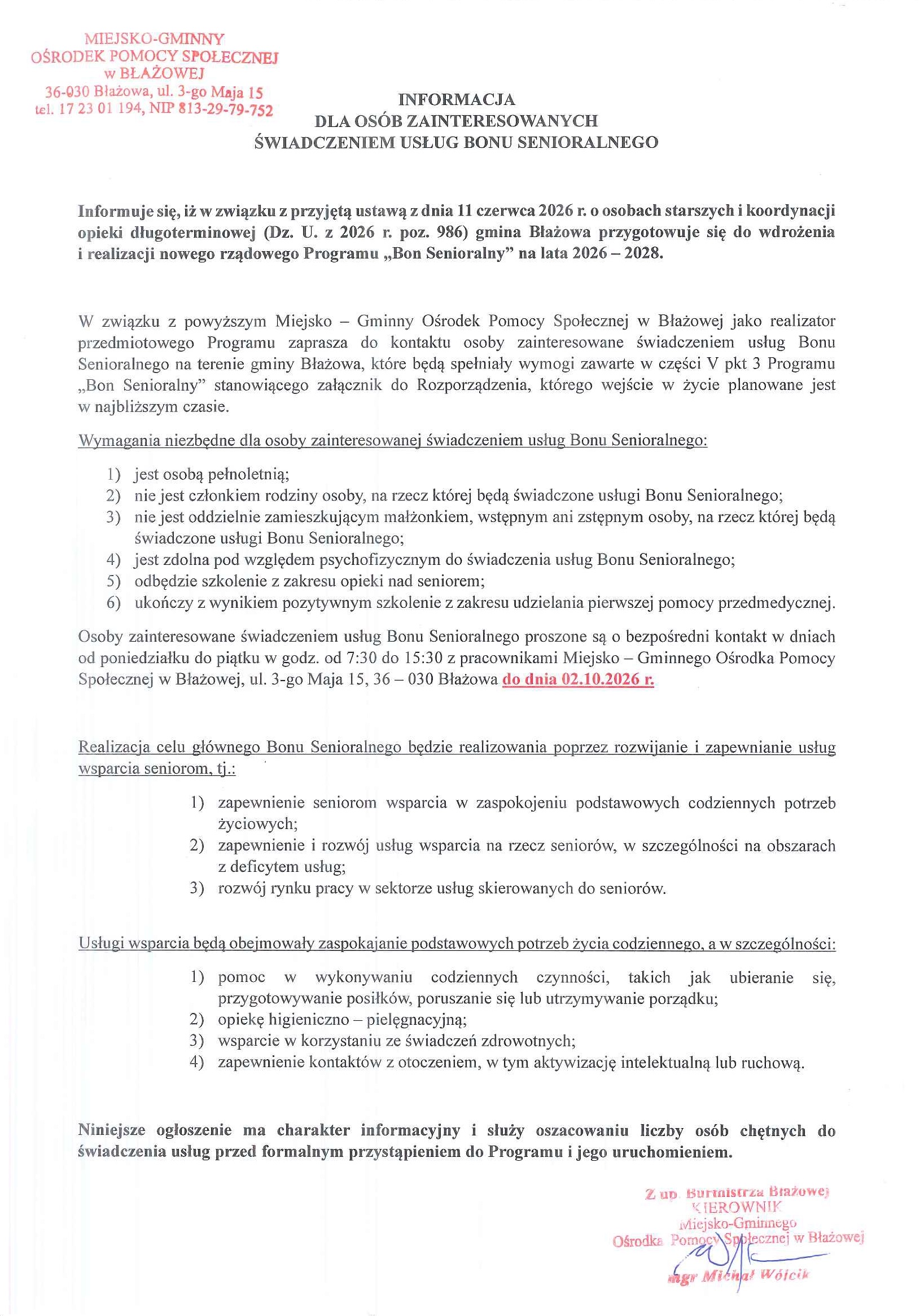 Informacja dla os&oacute;b zainteresowanych świadczeniem usług Bonu Senioralnego